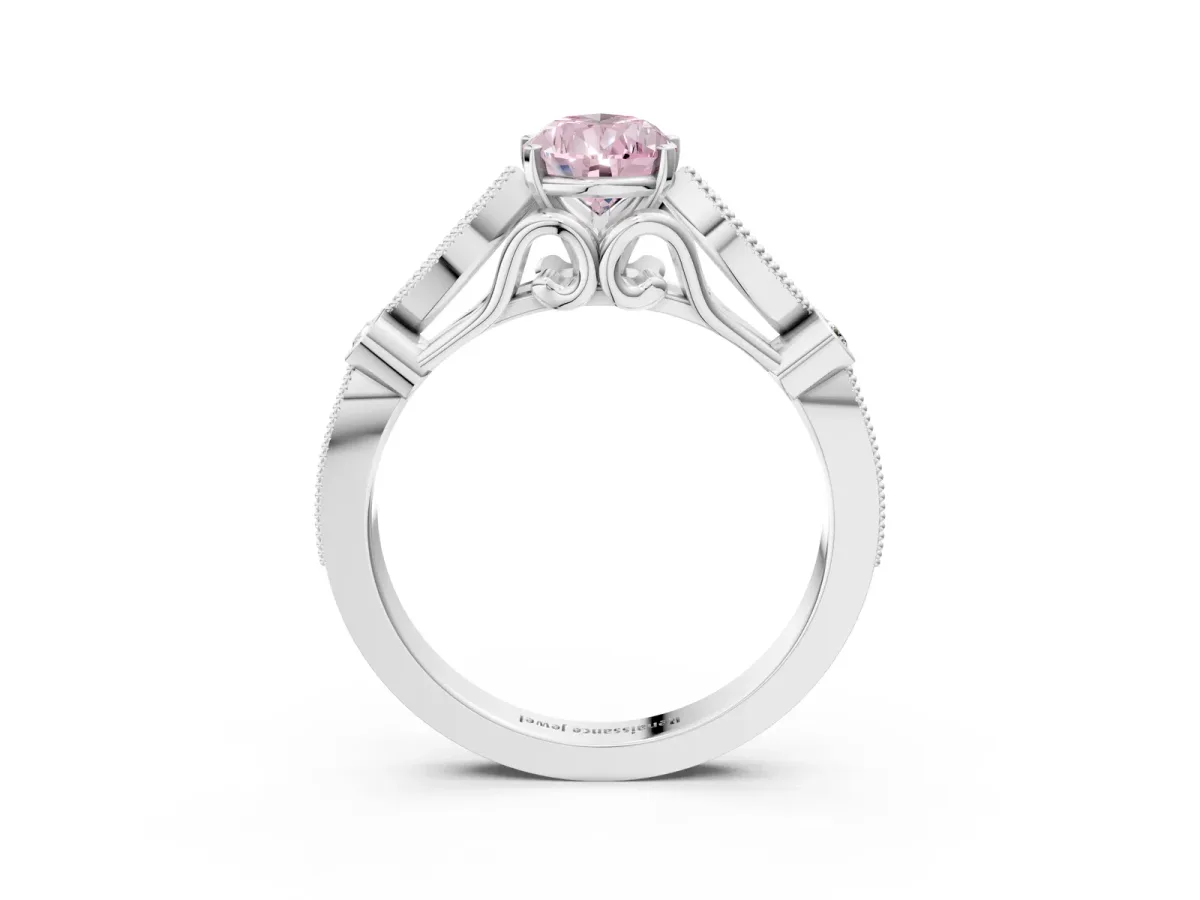 Fancy Pink Pear Cut Cut Diamond with Milgrain Marquise and Bezel Accents on a Solitaire Band with Prong Setting Silver