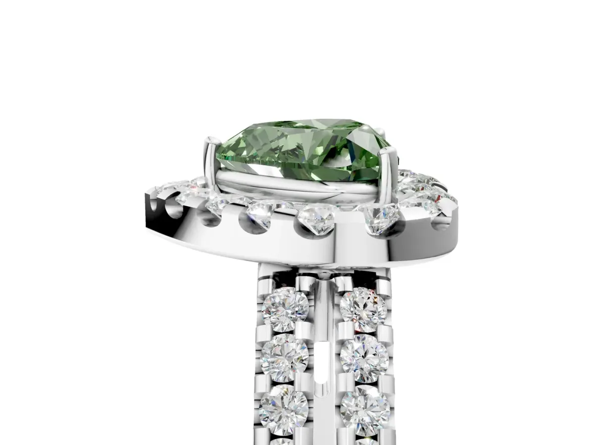Fancy Green Heart Cut Halo Diamond Split Shank Engagement Ring with Prong Setting Platinum
