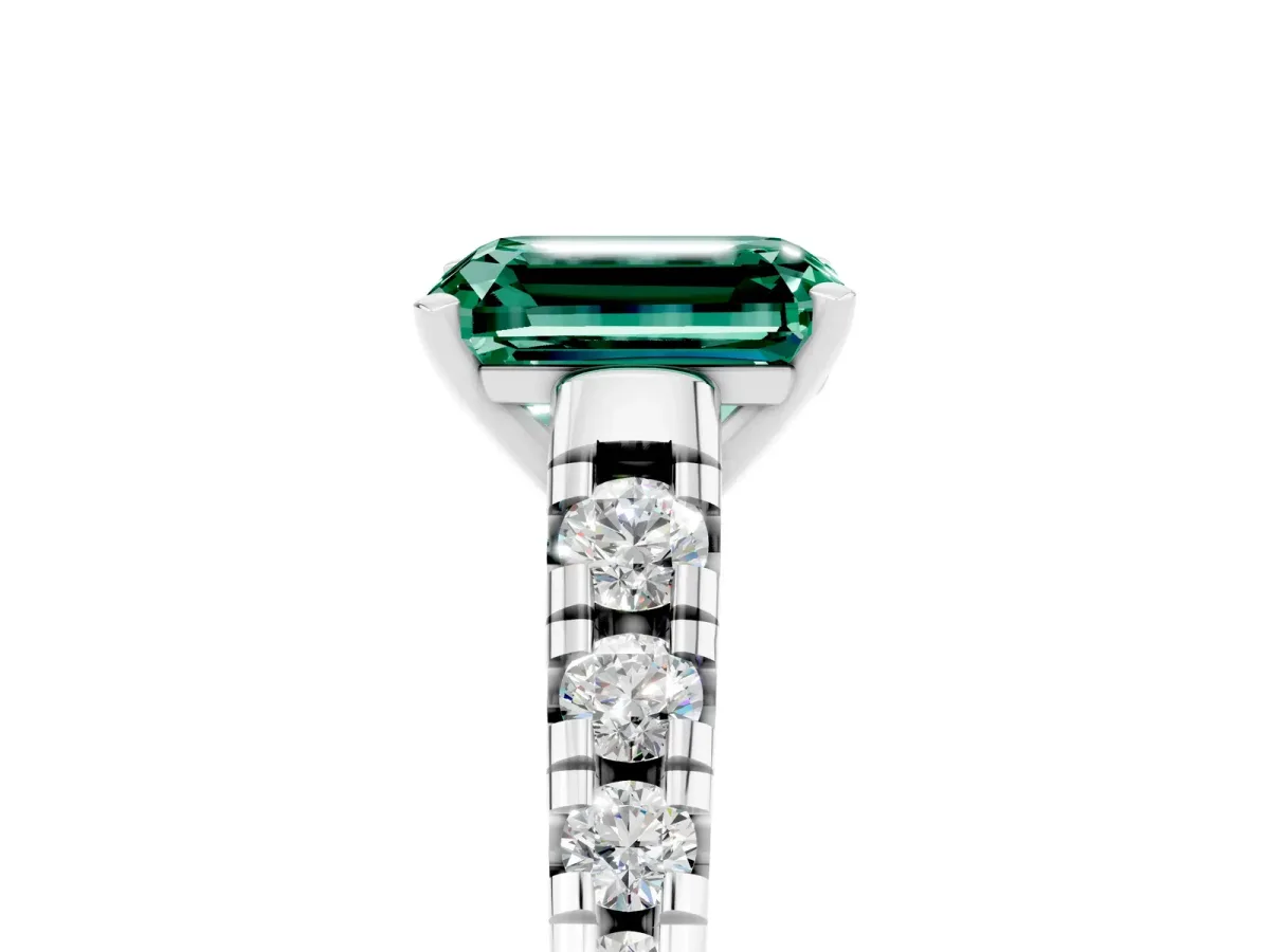 Emerald Cut Green Sapphire Cathedral Solitaire Ring with Round Pavé Band Platinum