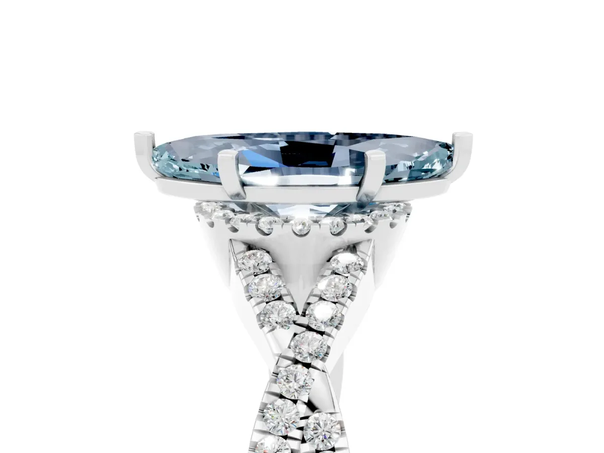 Marquise Cut Aquamarine Halo Twist Band Solitaire Prong Setting Ring White gold