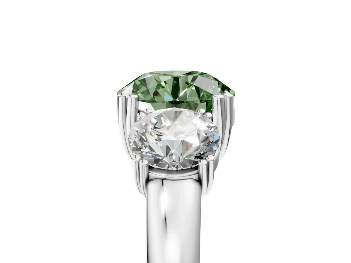 Fancy Green Three-Stone Round Cut Cut Diamond Ring with Channel Set Band and Four-Prong Setting Silver