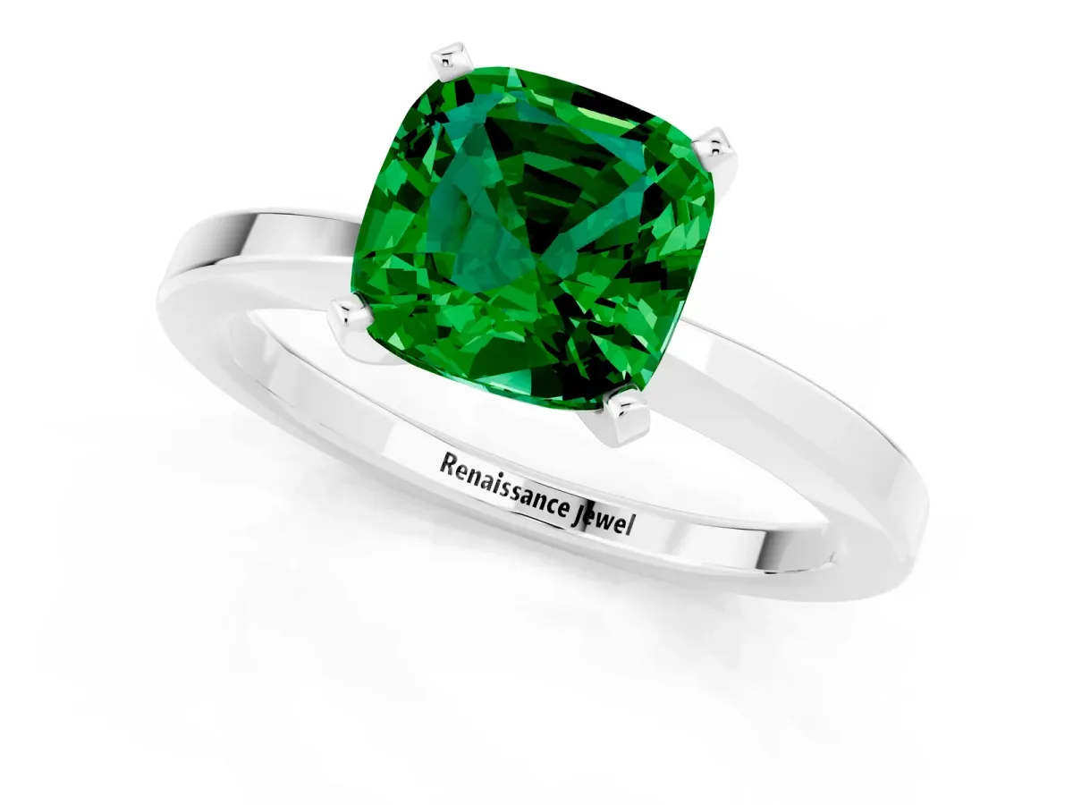 Cushion Cut Emerald Solitaire Engagement Ring with Classic Band and Four-Prong Setting Silver