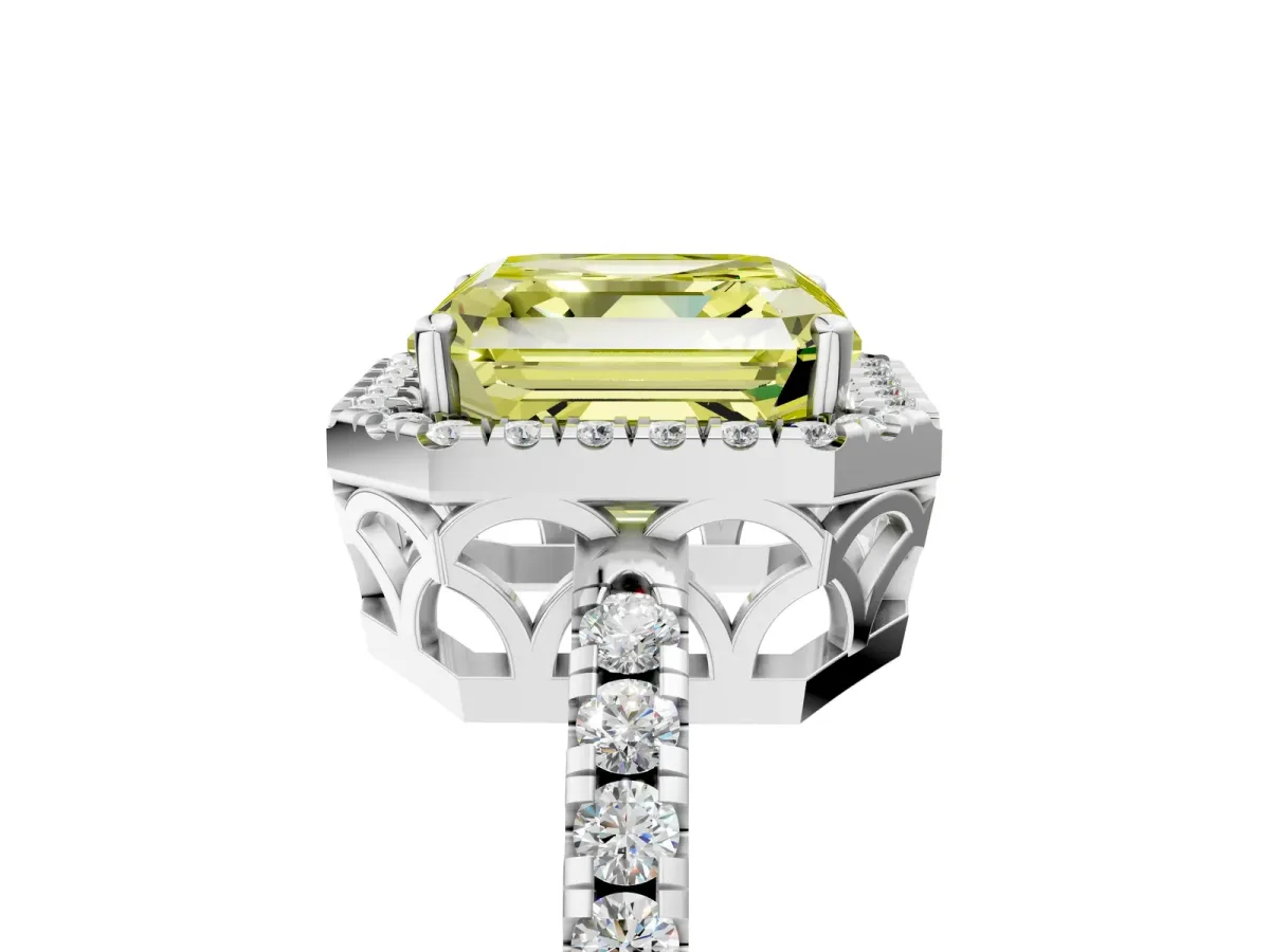 Fancy Yellow Asscher Cut Halo Diamond Engagement Ring with Pavé Band and Four-Prong Setting Platinum