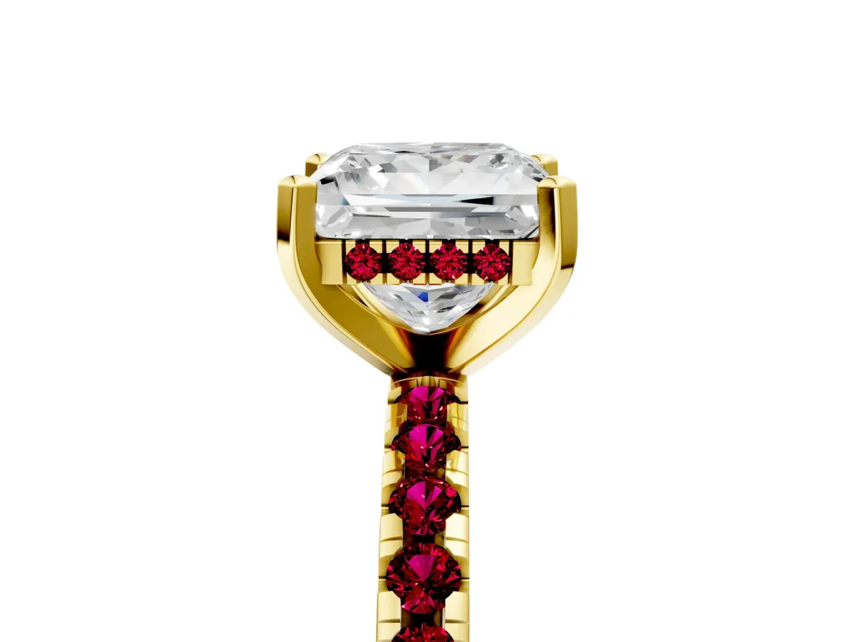 Princess Cut Diamond Solitaire Ring with Round Garnet Pavé Band and Four-Prong Setting Yellow gold