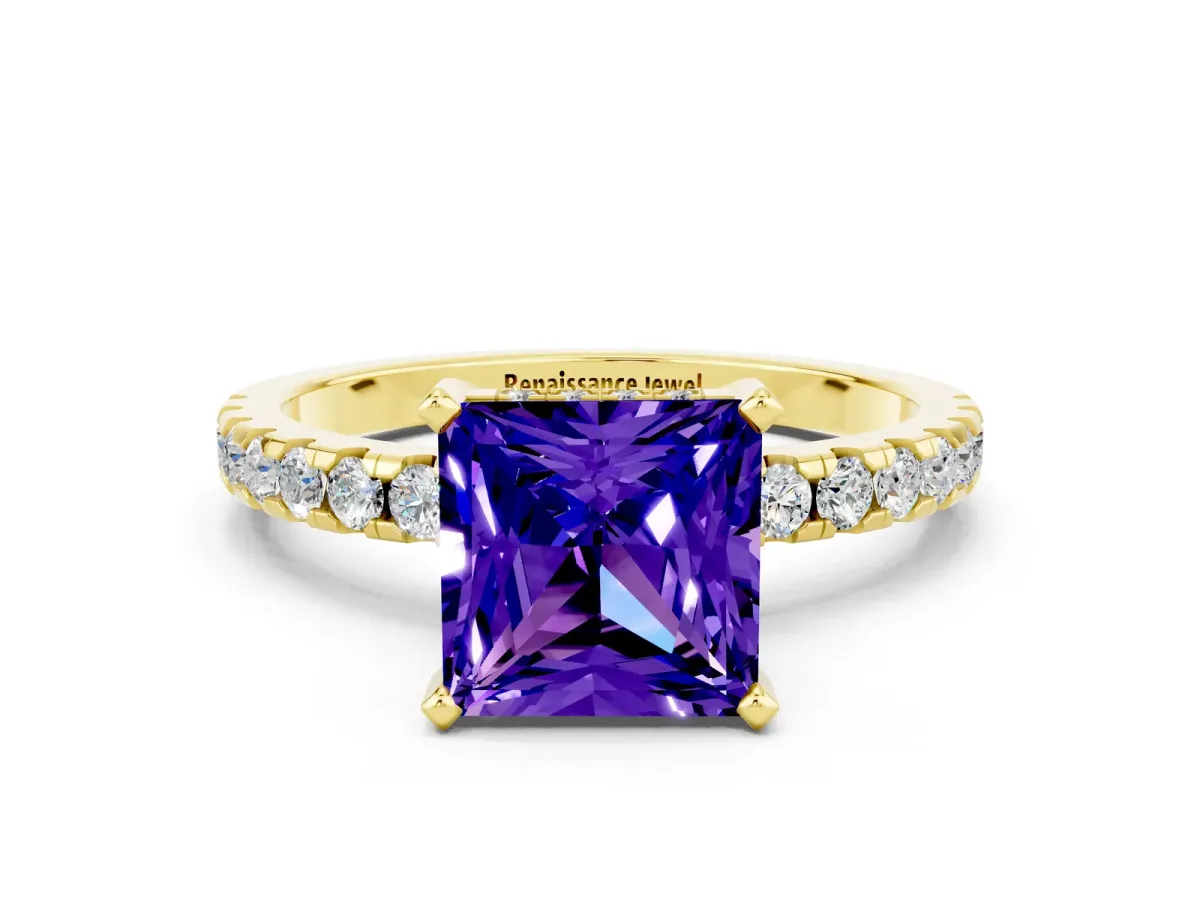 Princess Cut Tanzanite Solitaire Ring with Round Pavé Band and Four-Prong Setting Yellow gold