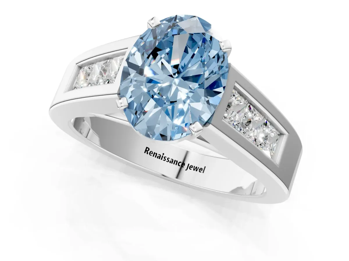 Fancy Blue Oval Cut Cut Channel Set Solitaire Ring with Four-Prong Setting Platinum