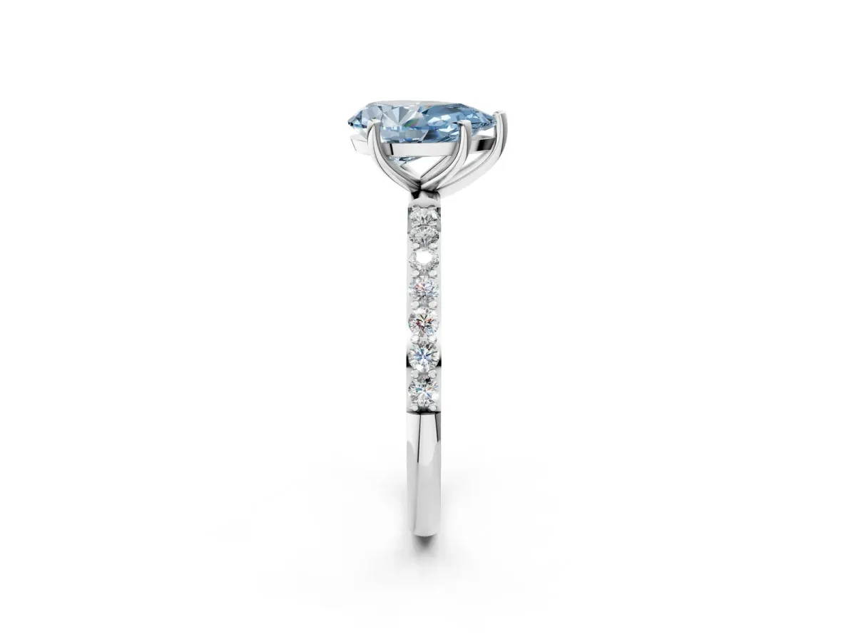 Fancy Blue Pear Cut Diamond Solitaire Ring with Round Pavé Shoulders and Prong Setting White gold