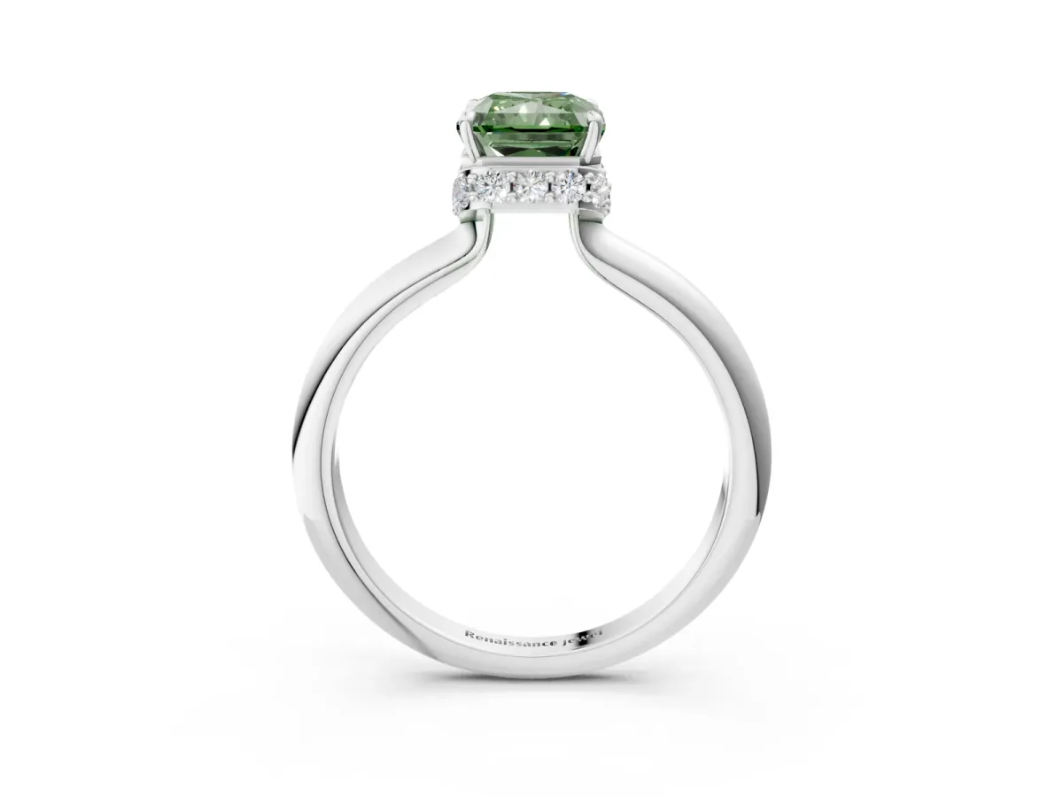 Fancy Green Radiant Cut Brilliant Solitaire Engagement Ring with Six-Prong Setting and Classic Band Platinum