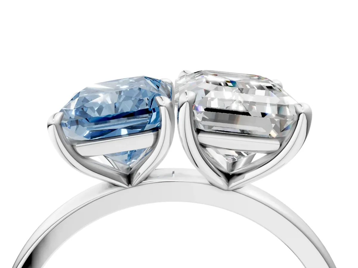 Fancy Blue Radiant Cut and Emerald Cut Toi Moi Ring with Prong Setting White gold