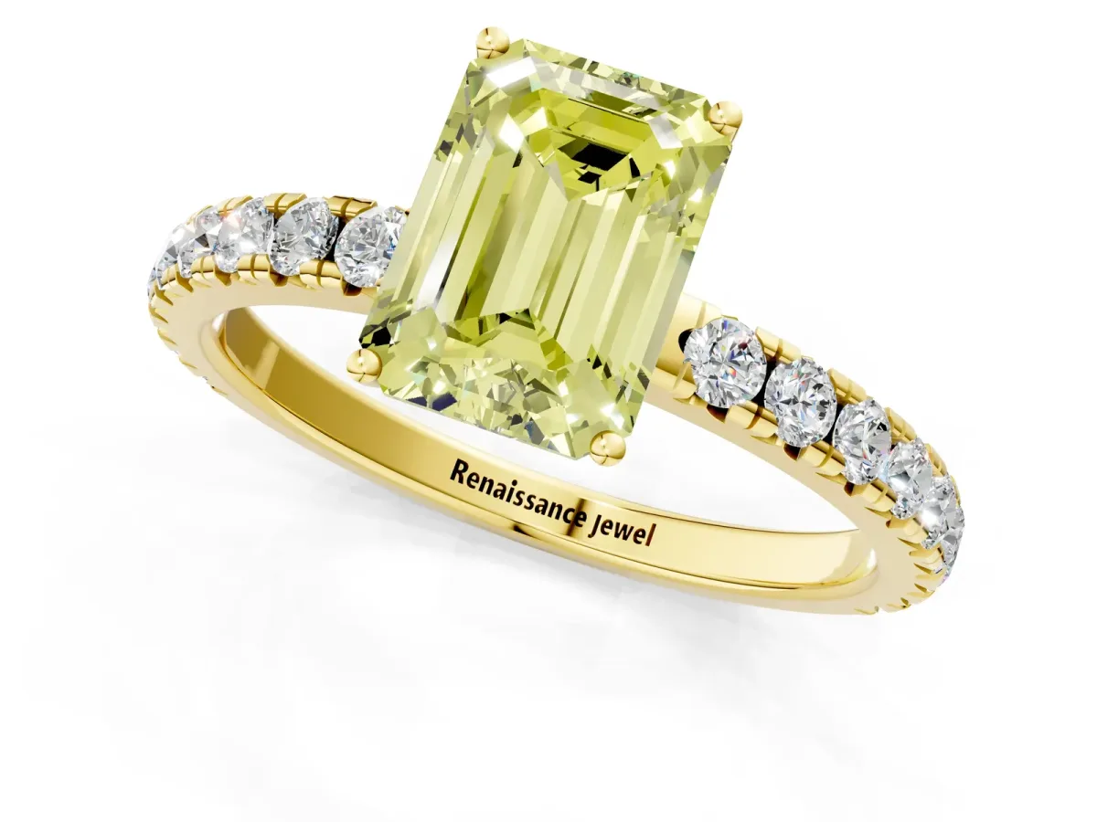 Fancy Yellow Emerald Cut Diamond Pavé Solitaire Engagement Ring with Four-Prong Setting Yellow gold