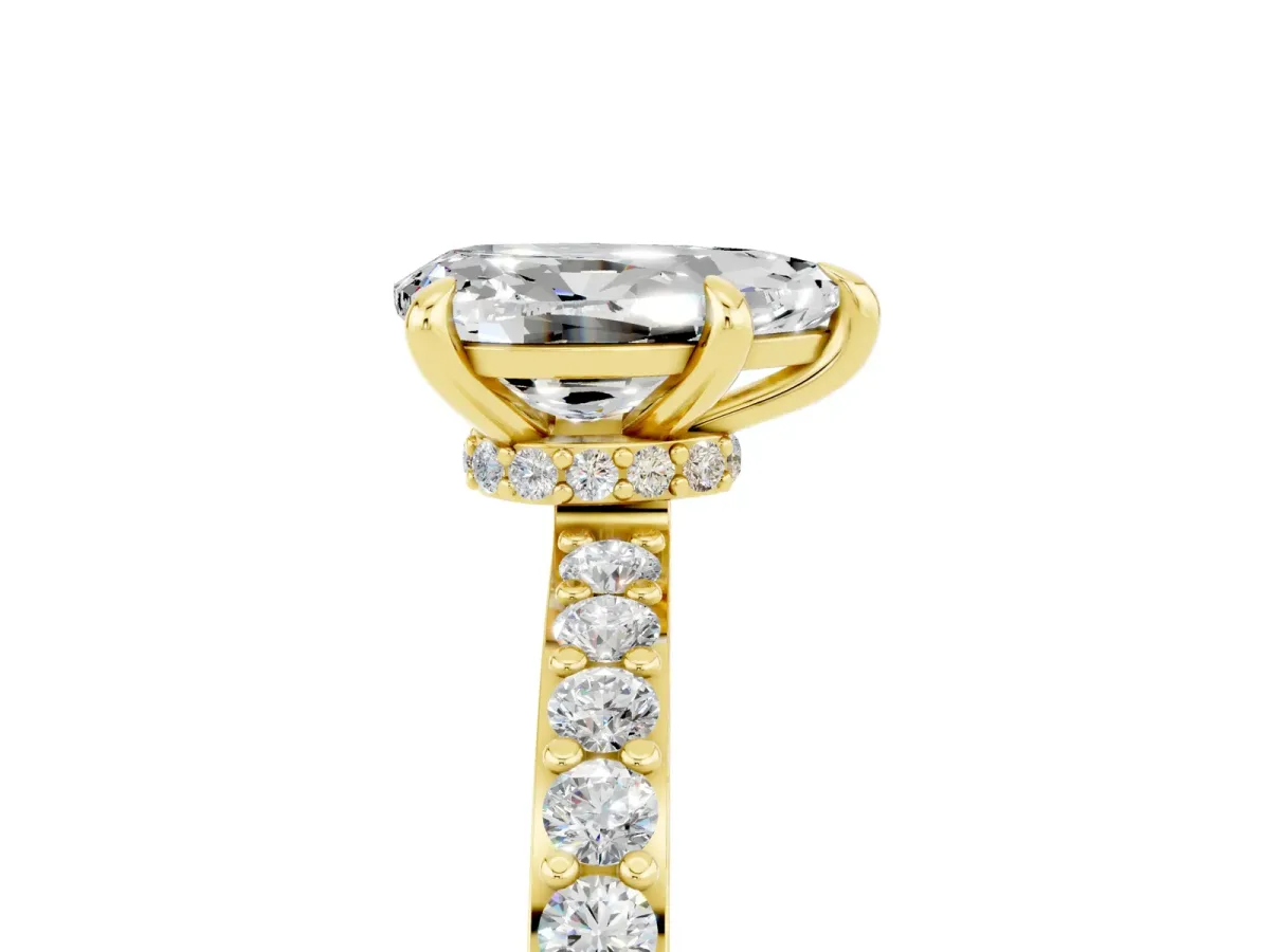 Pear Cut Moissanite Solitaire Engagement Ring with Pavé Band and Four-Prong Setting Yellow gold