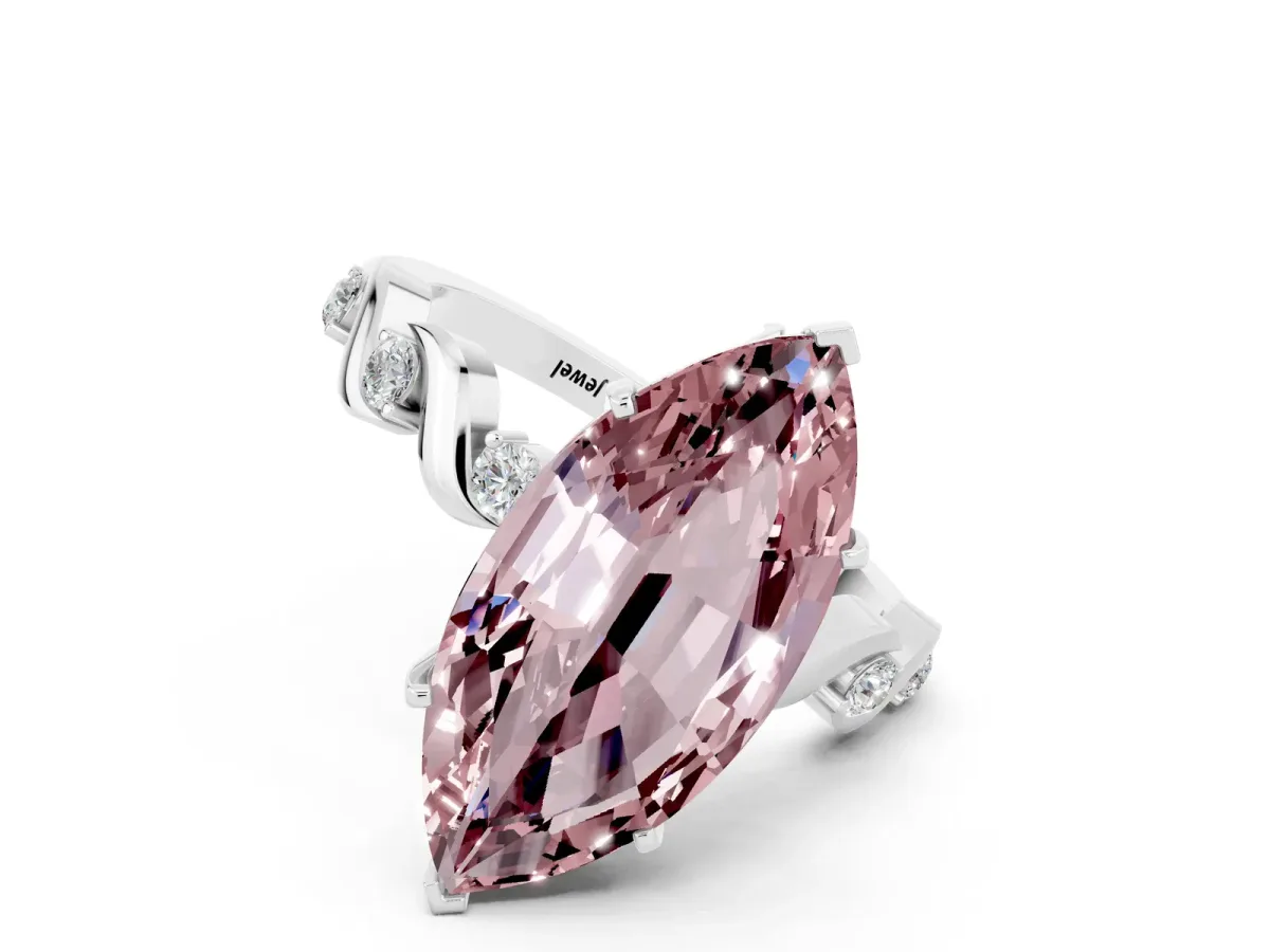Marquise Cut Morganite Solitaire Twisted Band with Round Accents and Prong Setting White gold