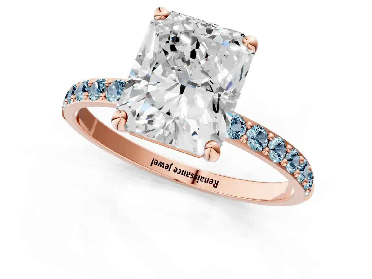 Radiant Cut Diamond Solitaire Ring with Round Aquamarine Pavé Band and Prong Setting Rose gold