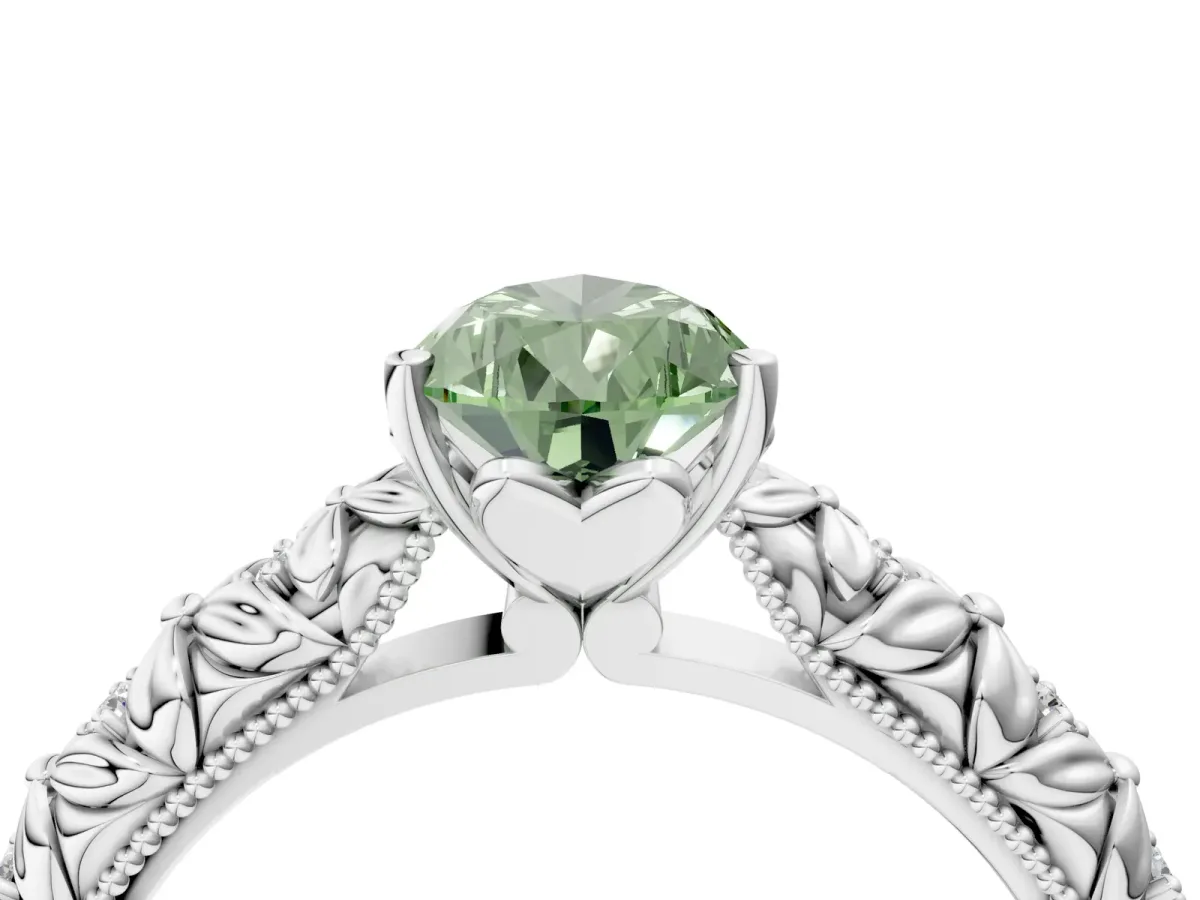 Fancy Green Pear Cut Solitaire Floral Milgrain Engagement Ring Silver