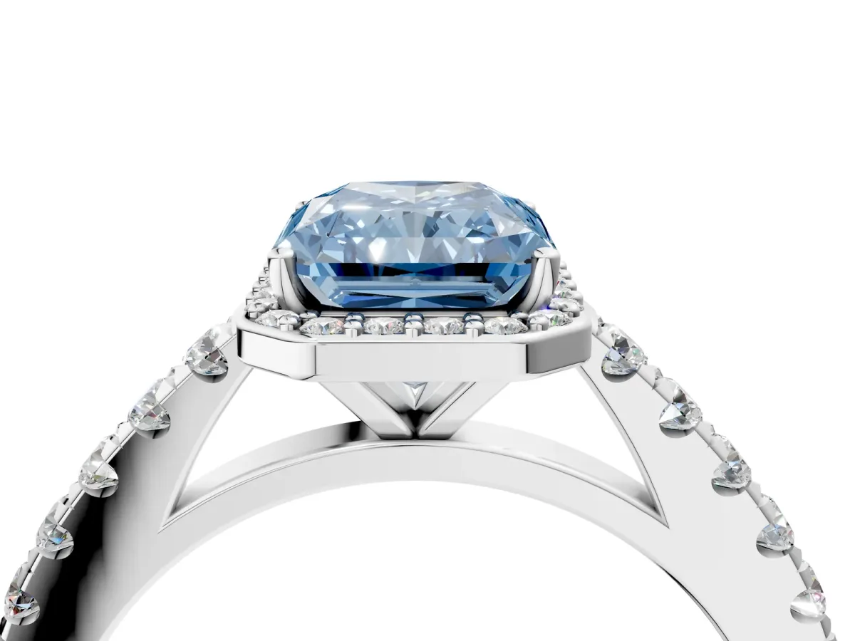 Fancy Blue Radiant Cut Cut Halo Diamond Engagement Ring with Pave Band and Four-Prong Setting Platinum