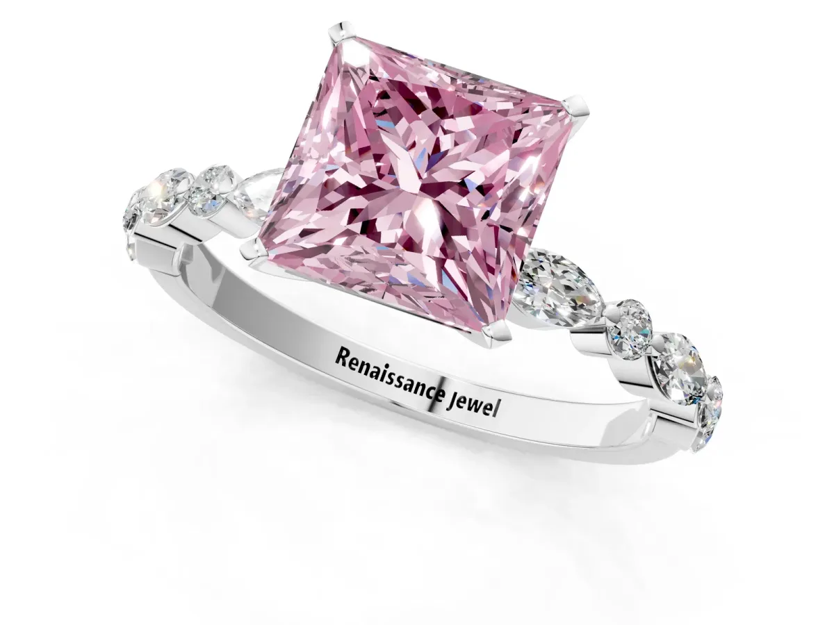 Fancy Pink Princess Cut Diamond Ring with Marquise and Round Side Stones and Four-Prong Setting White gold