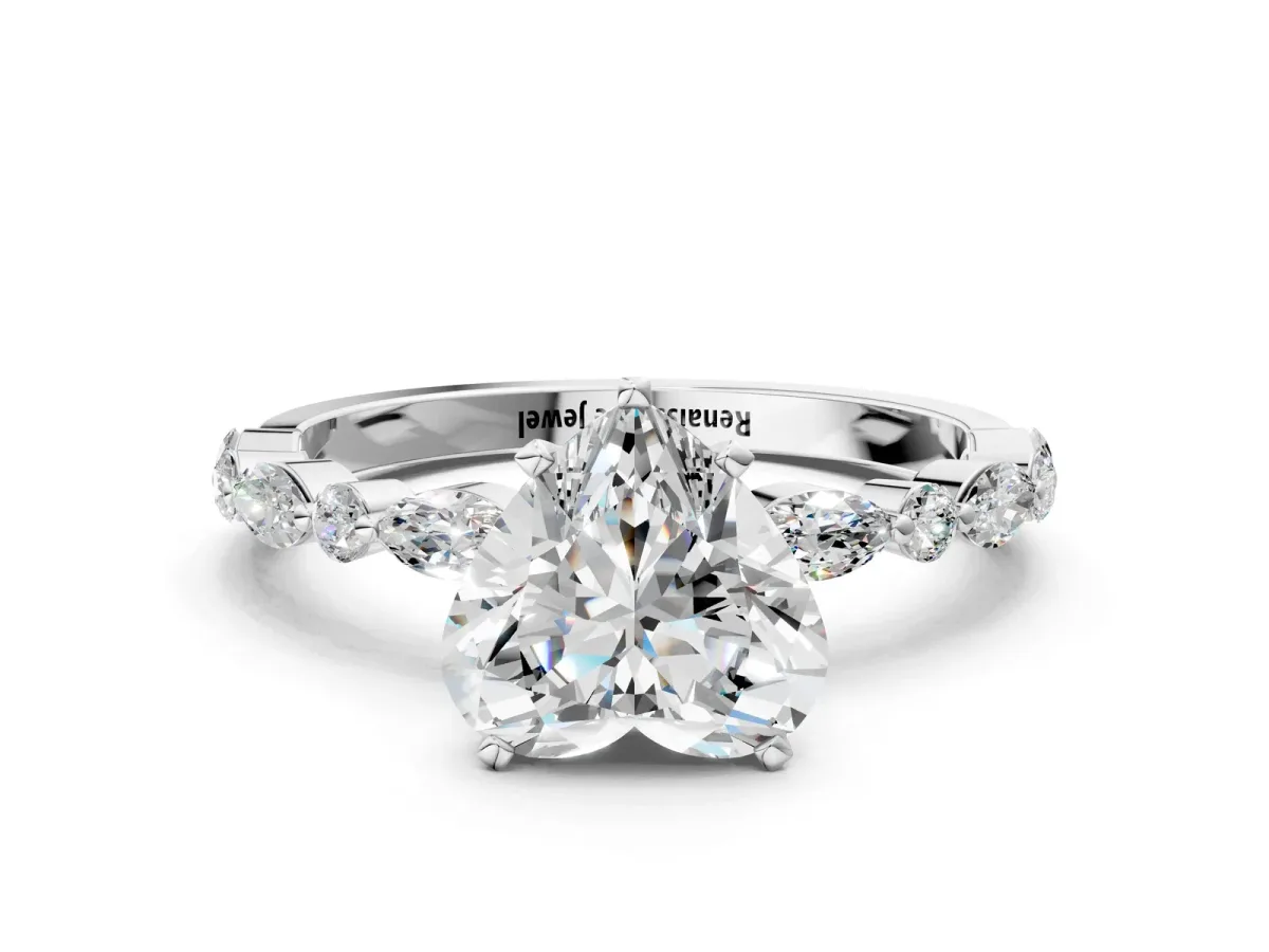 Heart Cut Diamond Ring with Marquise and Round Side Stones and Four-Prong Setting White gold