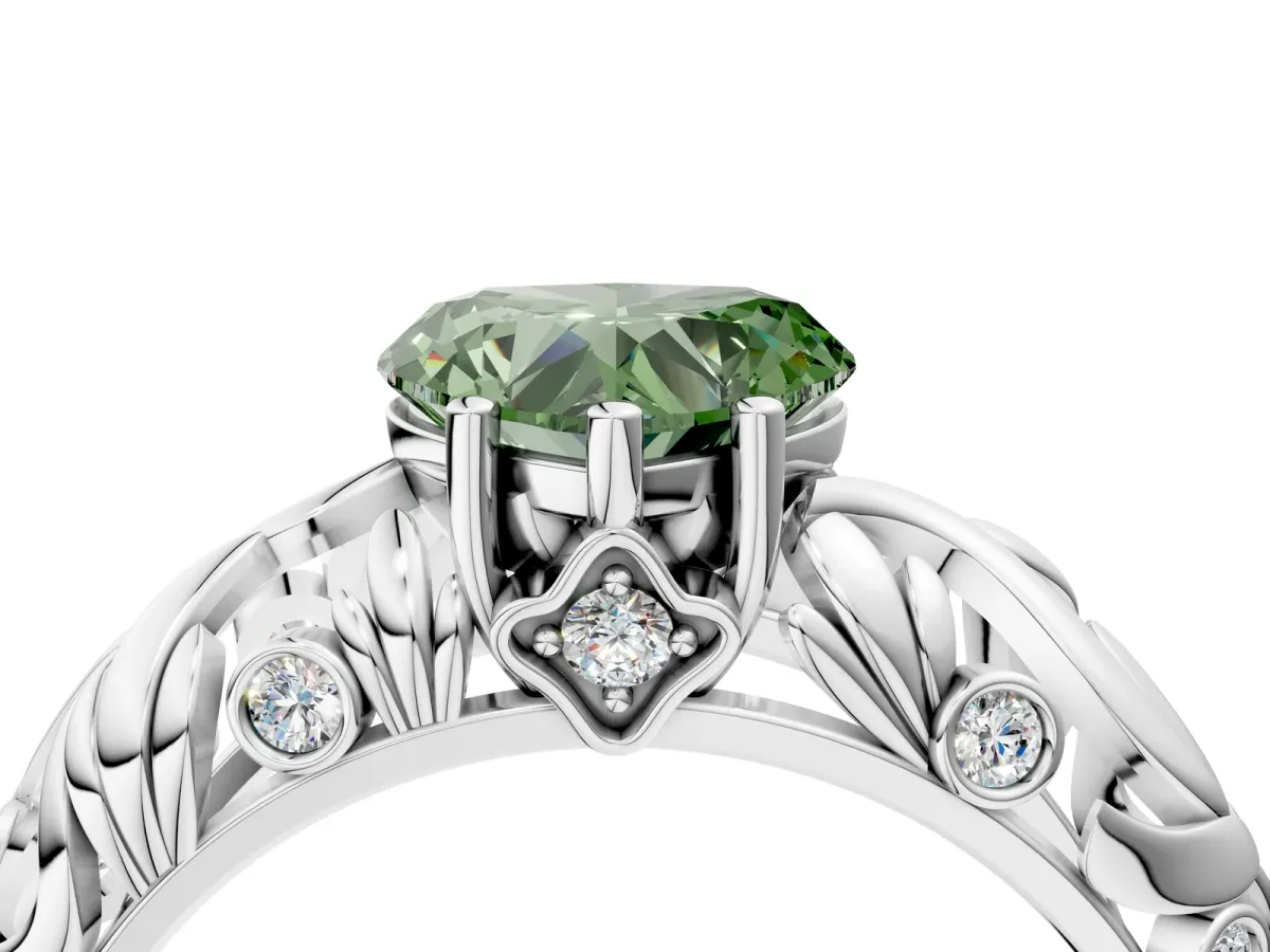 Fancy Green Heart Cut Solitaire Diamond Leaf-Inspired Vine Band Ring with Prong Setting Platinum