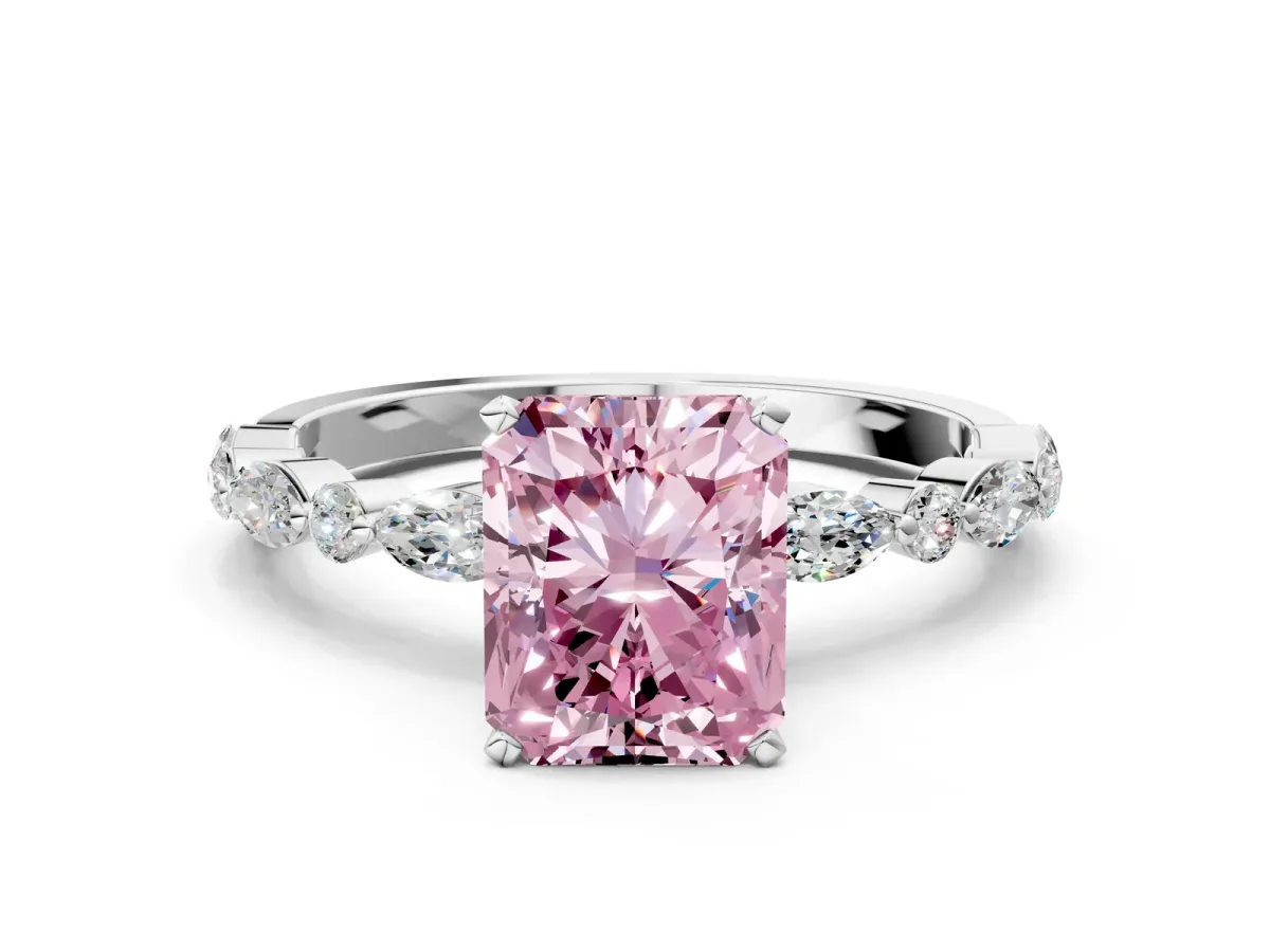 Fancy Pink Radiant Cut Diamond Ring with Marquise and Round Side Stones and Four-Prong Setting White gold