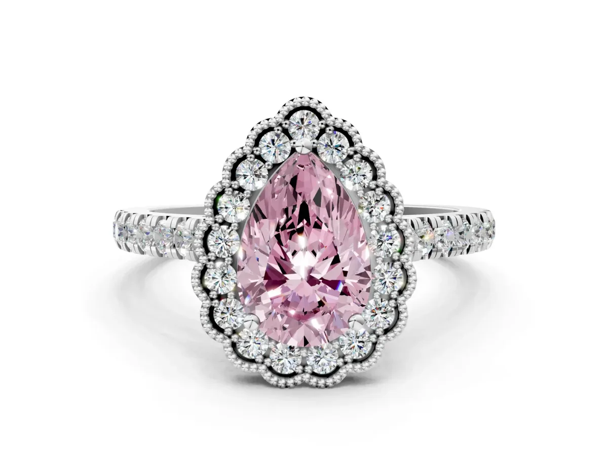 Fancy Pink Pear Cut Cut Diamond Milgrain Floral Halo Engagement Ring with Pavé Band Silver