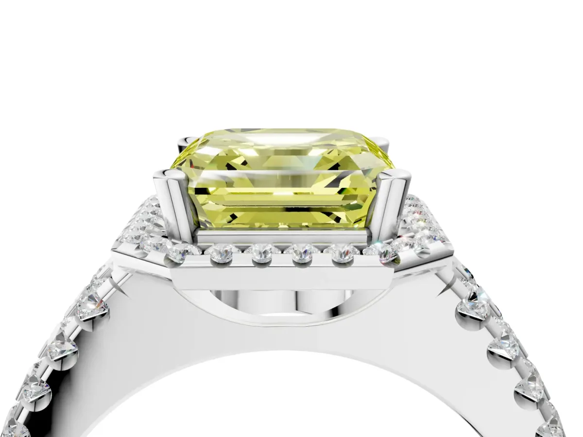 Fancy Yellow Asscher Cut Halo Diamond Split Shank Engagement Ring with Prong Setting Platinum