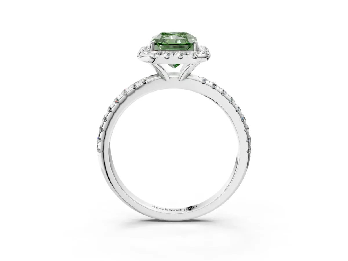 Fancy Green Radiant Cut Diamond Halo Engagement Ring with Round Pavé Band and Prong Setting Platinum