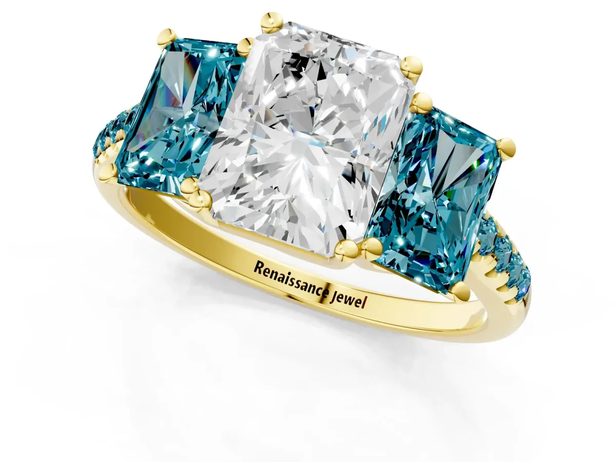 Three-Stone Radiant Cut Diamond Ring with Round Blue Topaz Pavé Band and Prong Setting Yellow gold