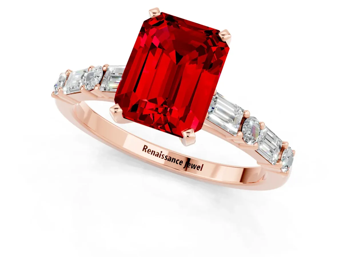 Emerald Cut Ruby Solitaire with Side Baguettes and Channel Set Band Rose gold