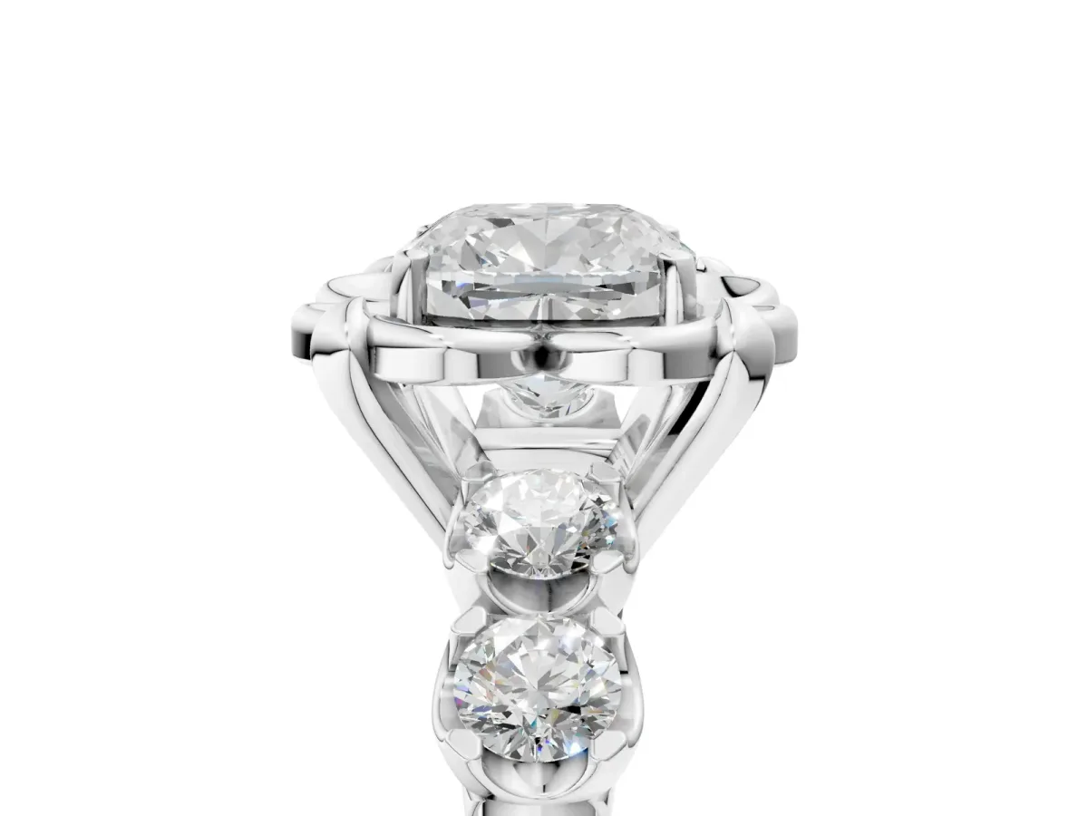 Cushion Cut Cut Diamond Floral Halo Engagement Ring with Shared Prong Setting Silver