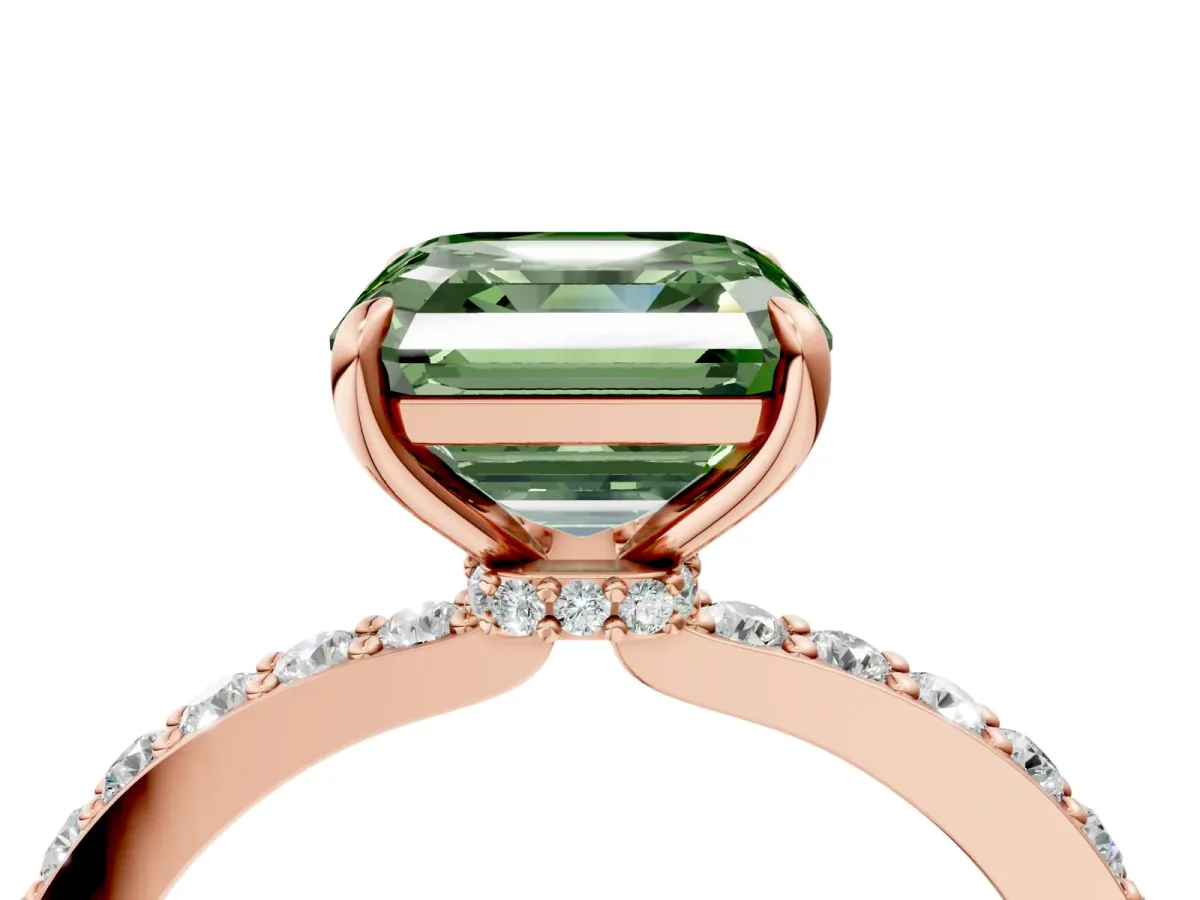 Fancy Green Asscher Cut Diamond Solitaire Engagement Ring with Pavé Band and Four-Prong Setting Rose gold
