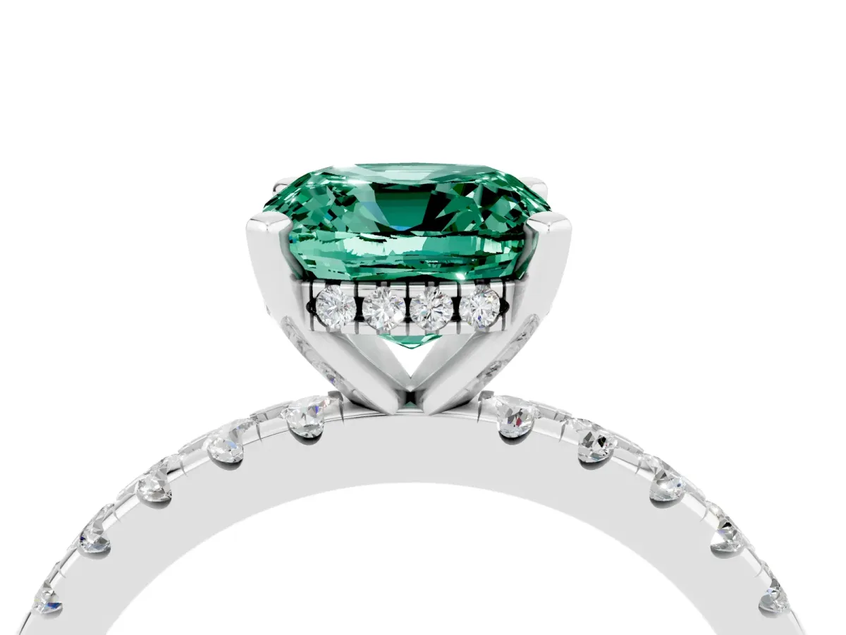 Cushion Cut Green Sapphire Solitaire Ring with Round Pavé Band and Four-Prong Setting White gold