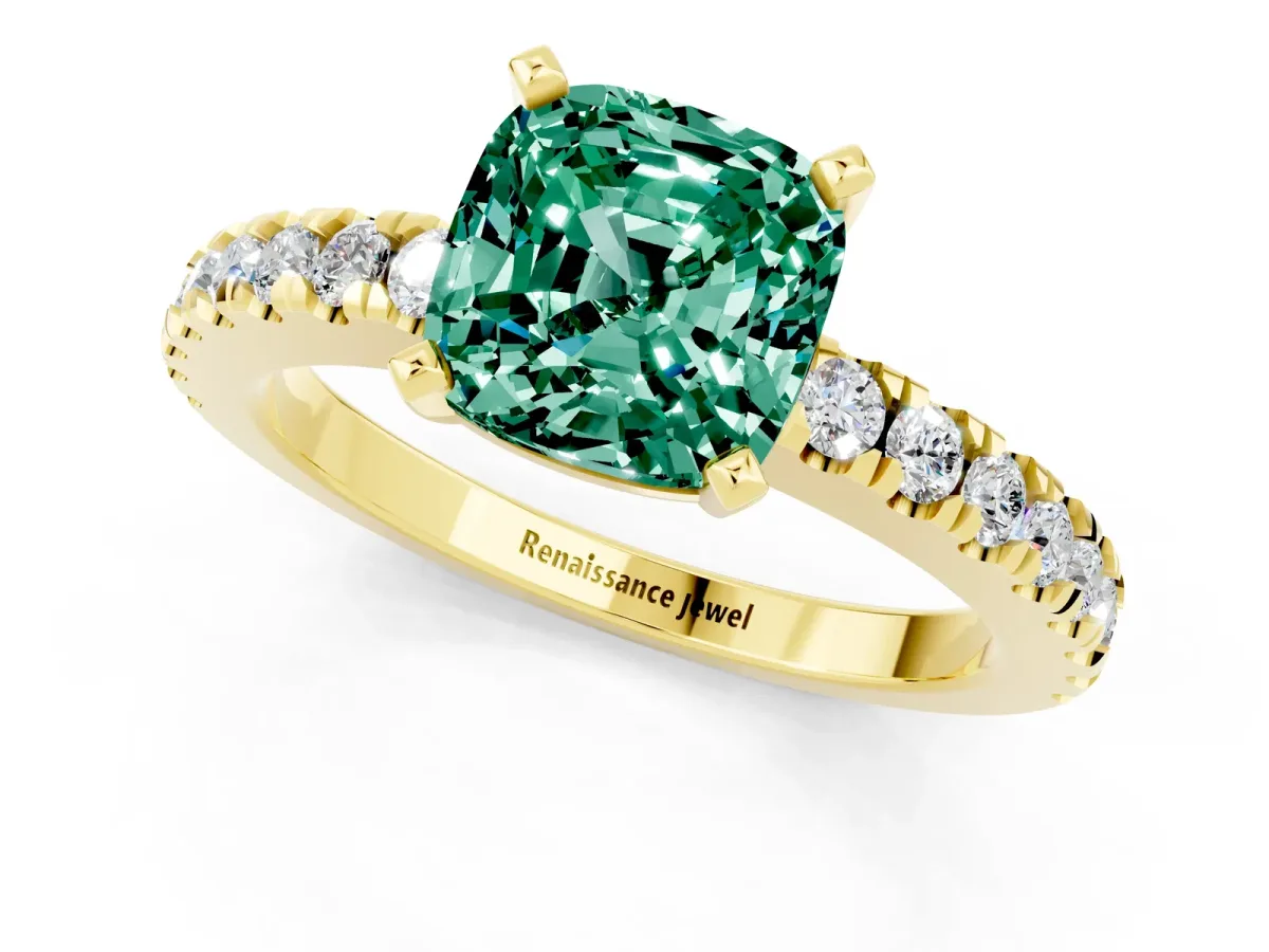Cushion Cut Solitaire Green Sapphire with Pavé Band and Four-Prong Setting Yellow gold