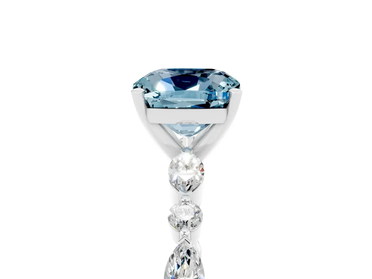 Cushion Cut Aquamarine Ring with Marquise and Round Side Stones and Four-Prong Setting White gold