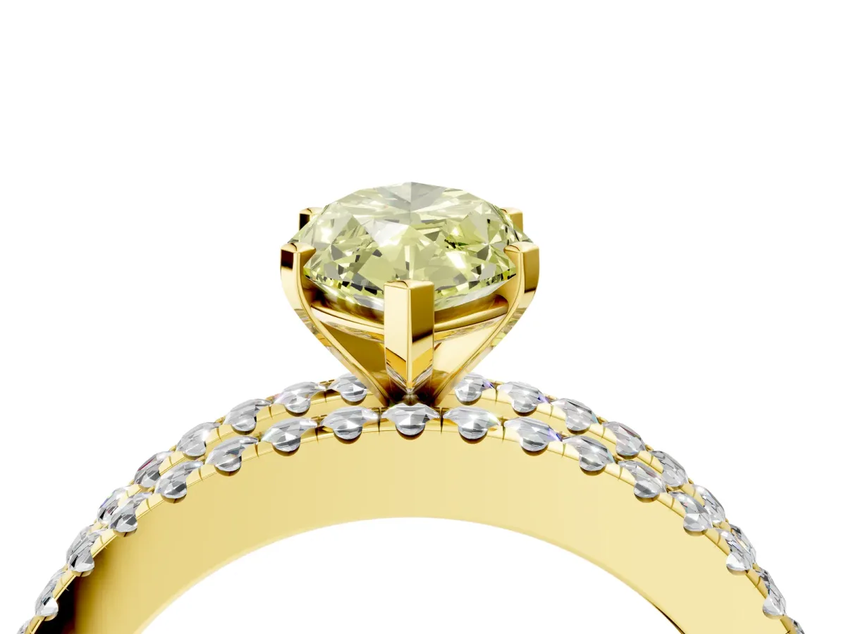 Fancy Yellow Marquise Cut Diamond Solitaire Ring with Pavé and Channel Set Band Yellow gold