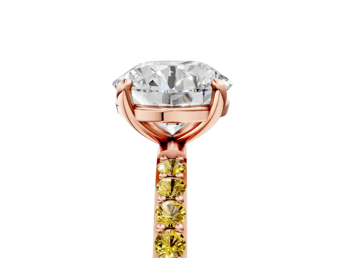 Round Cut Diamond Solitaire Ring with Round Yellow Sapphire Pavé Band and Prong Setting Rose gold