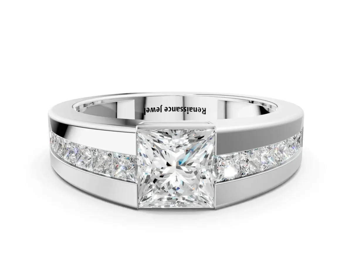 Princess Diamond Channel Set Mens Ring White gold