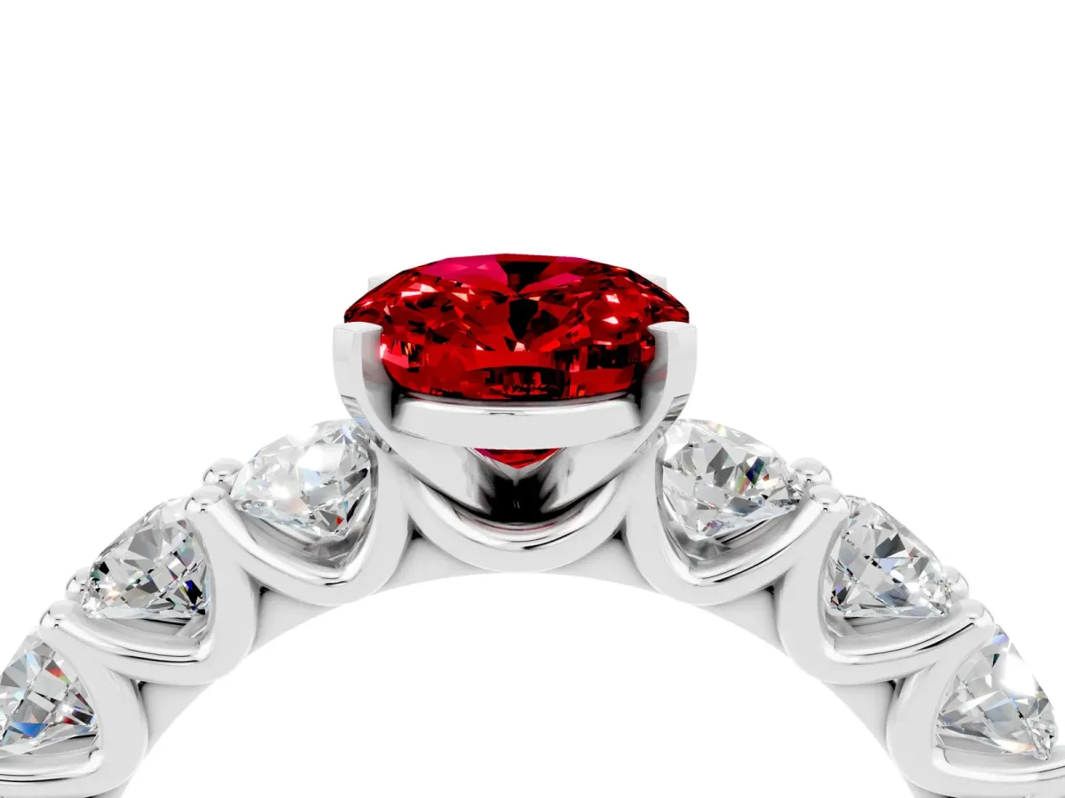 Oval Cut Ruby Prong Setting with Side Stones on a Pave Band Silver