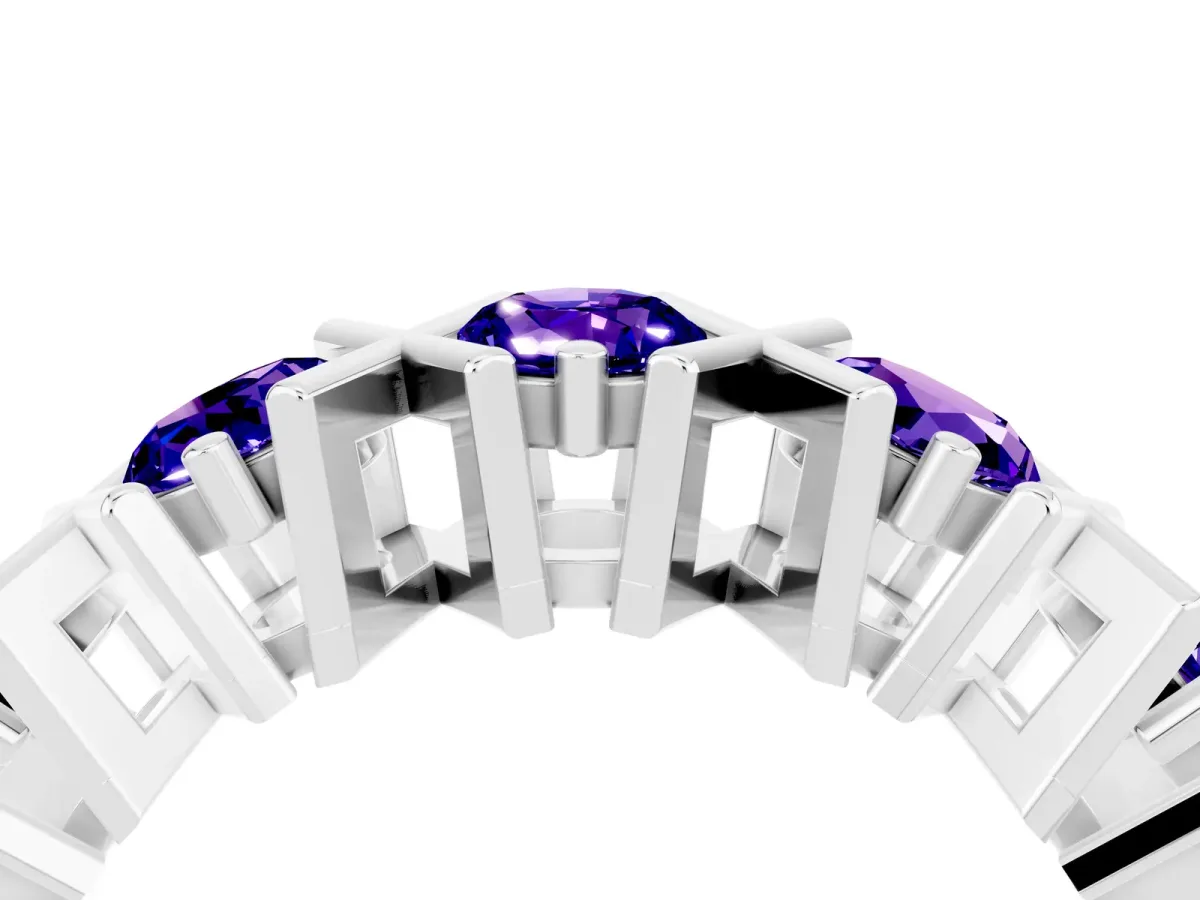 Round Tanzanite Channel Set Band with X-Prong Detail White gold