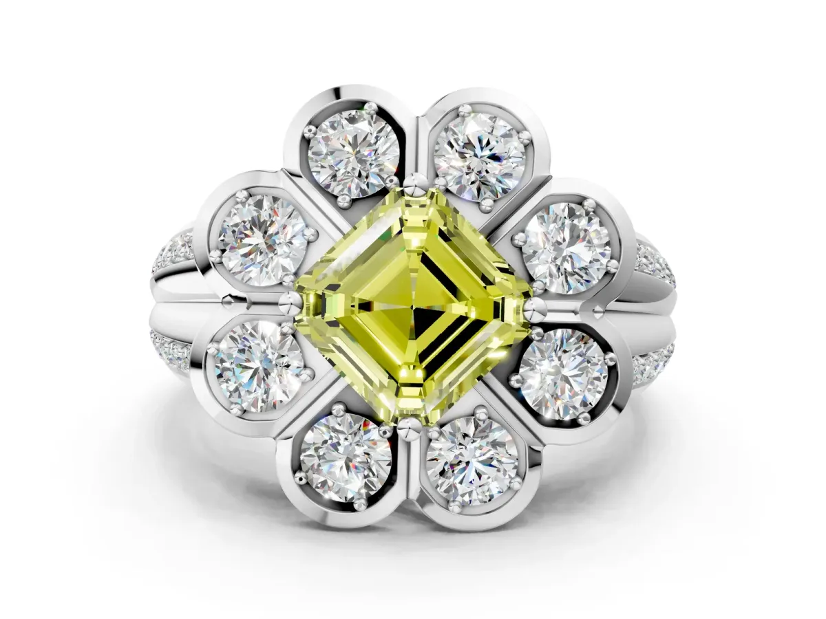 Fancy Yellow Asscher Cut Brilliant Flower Halo Diamond Split Shank Ring Platinum