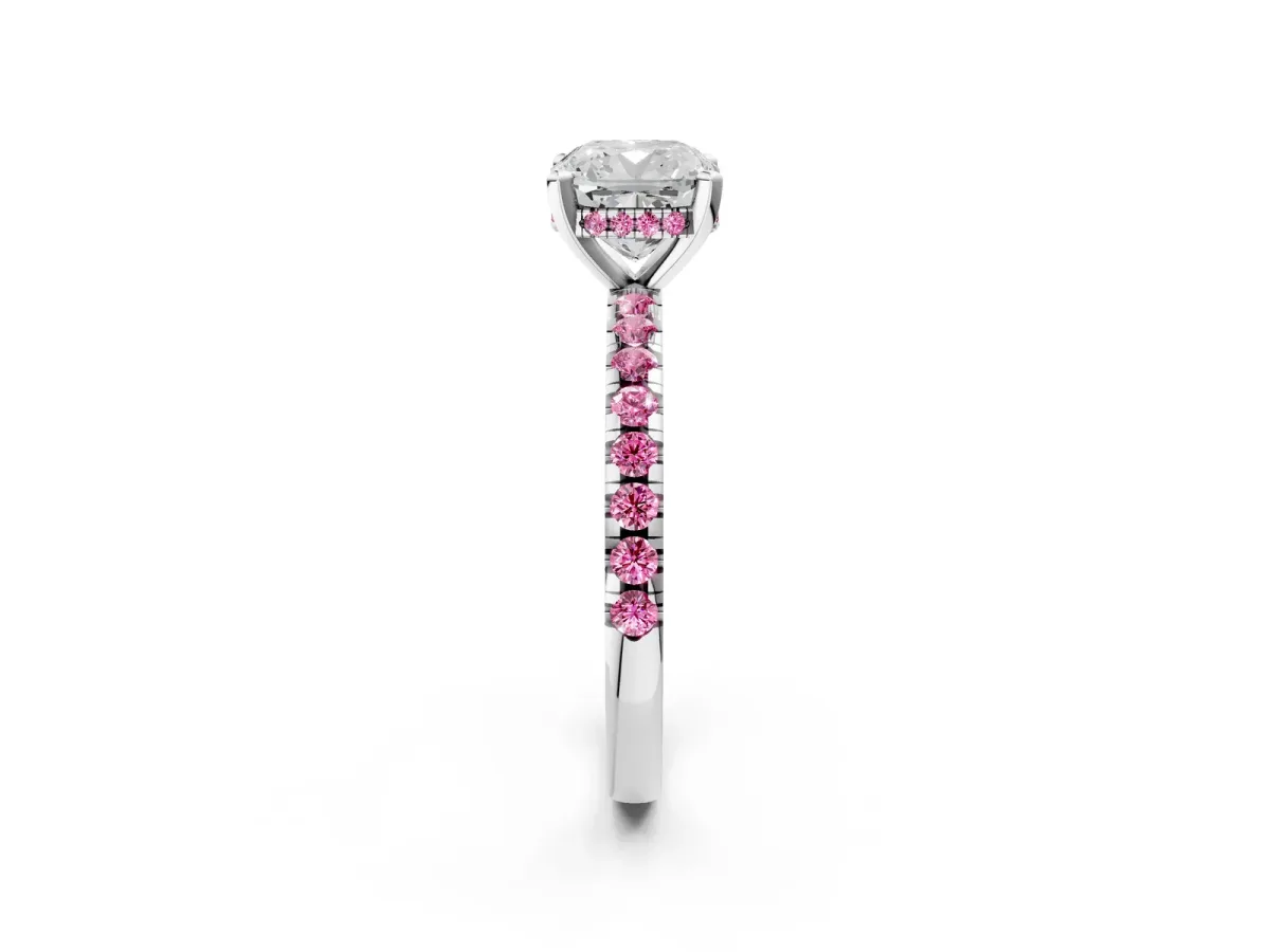 Cushion Cut Diamond Solitaire Ring with Round Pink Sapphire Pavé Band and Four-Prong Setting White gold
