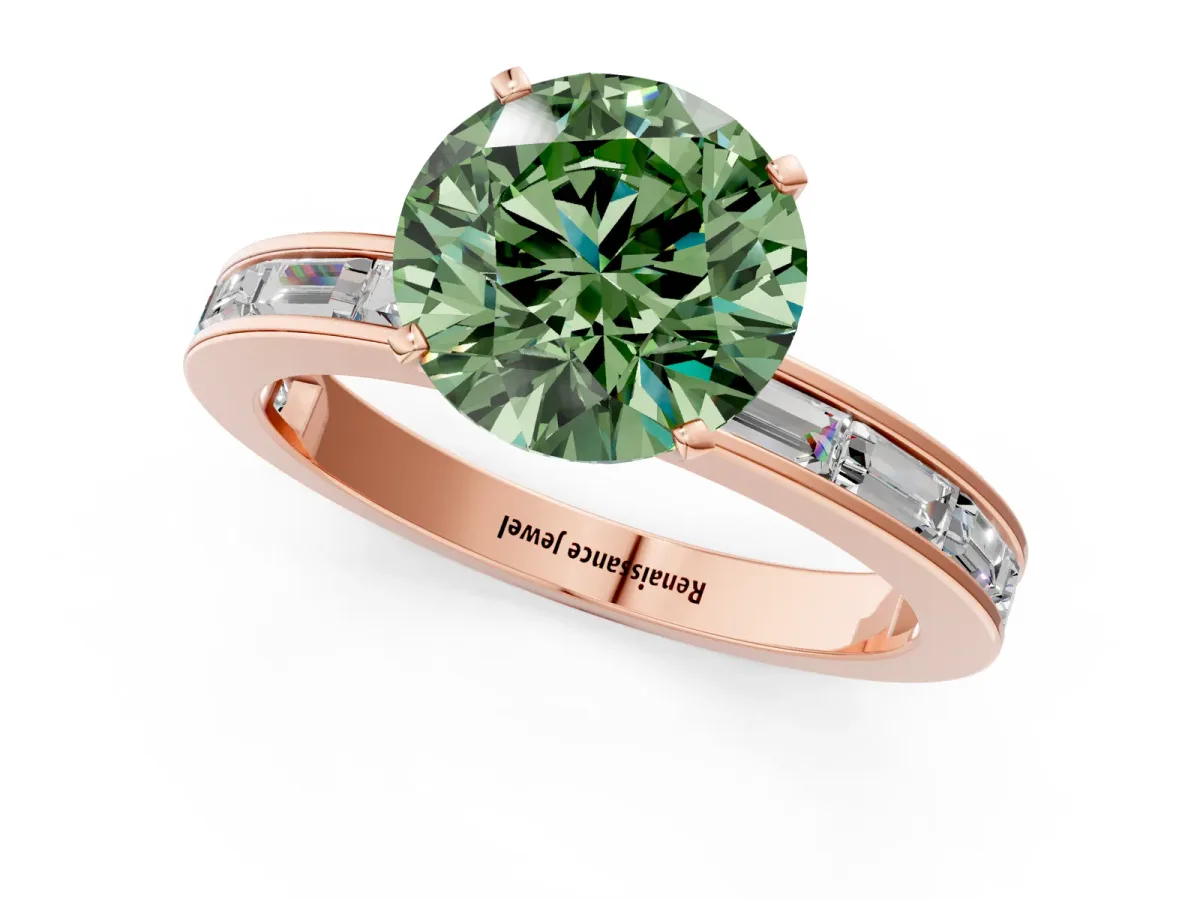 Fancy Green Round Cut Solitaire Diamond Ring with Channel-Set Baguette Band and Four-Prong Setting Rose gold