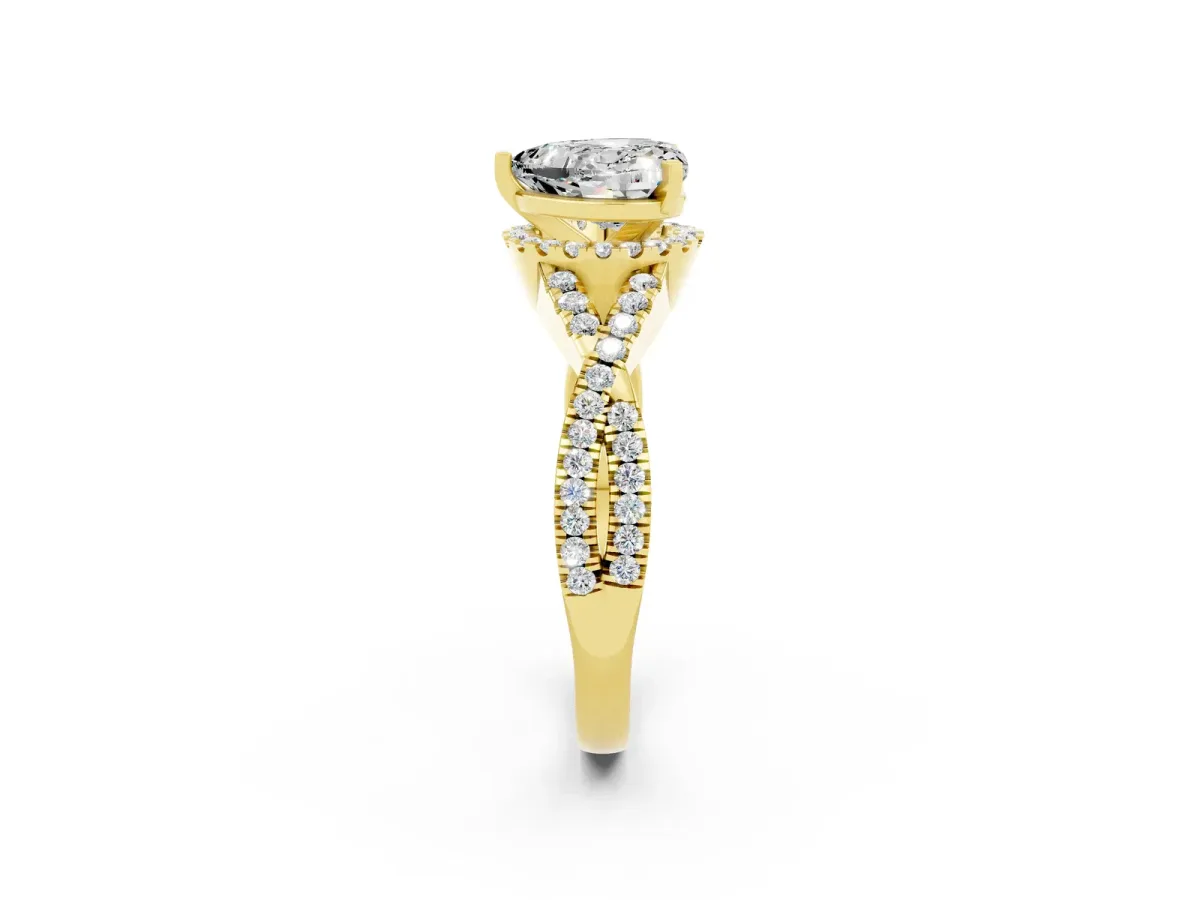 Heart Cut Moissanite Halo Twist Band Solitaire Prong Setting Ring Yellow gold