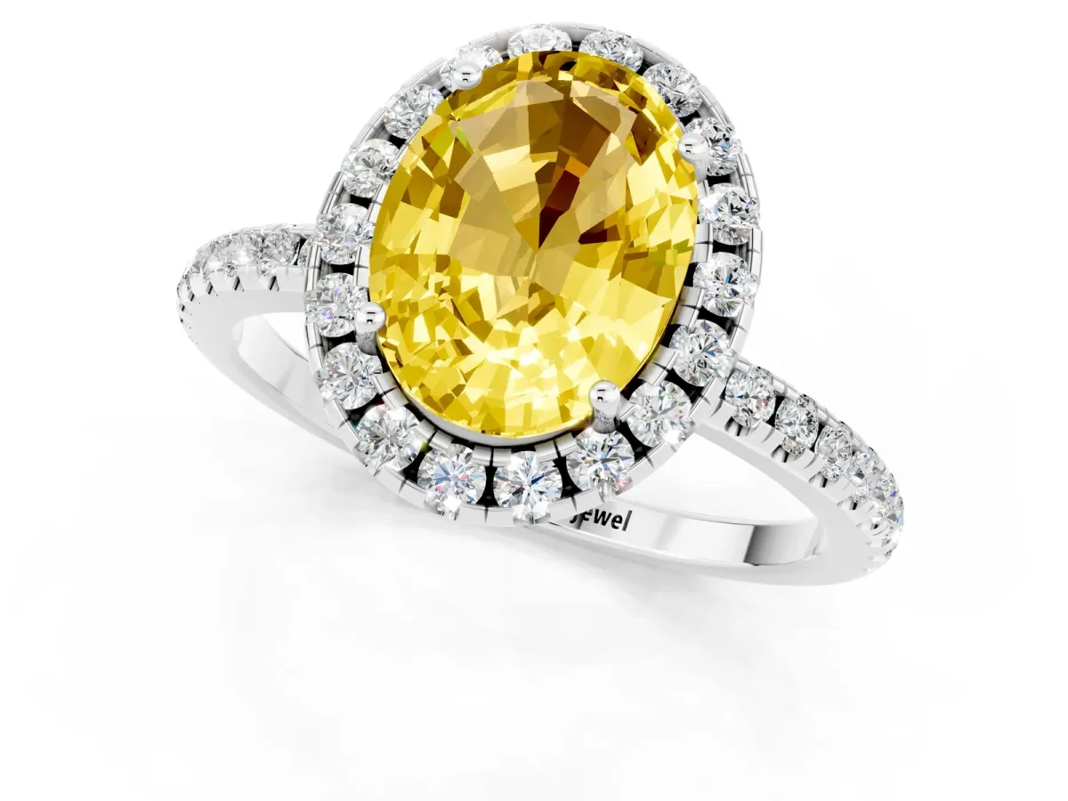 Oval Cut Yellow Sapphire Halo Ring with Round Pavé Band and Prong Setting White gold