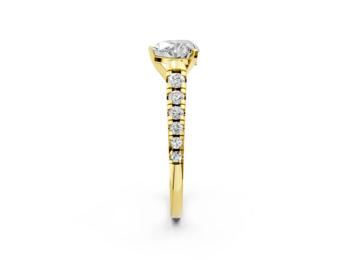 Heart Cut Diamond Cathedral Solitaire Ring with Round Moissanite Pavé Band Yellow gold
