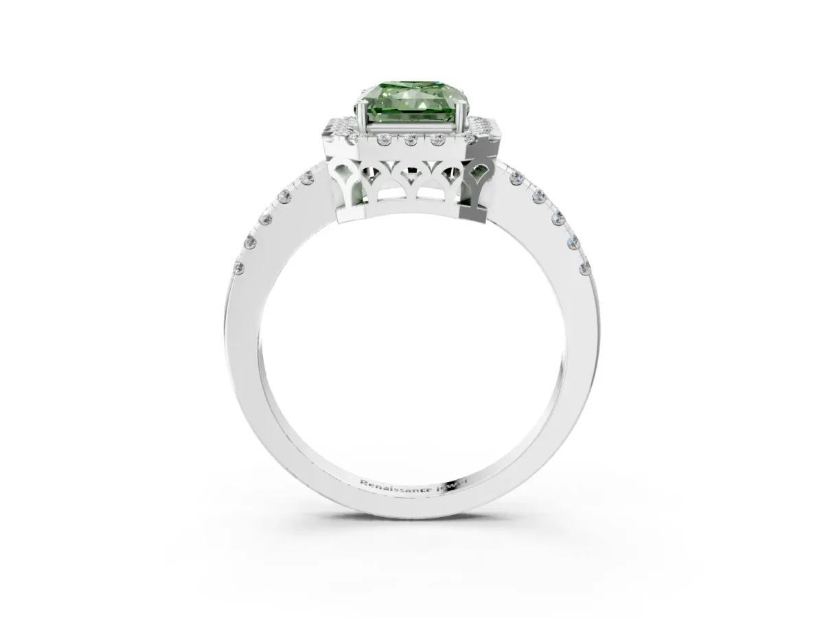 Fancy Green Radiant Cut Halo Diamond Engagement Ring with Pavé Band and Four-Prong Setting Platinum