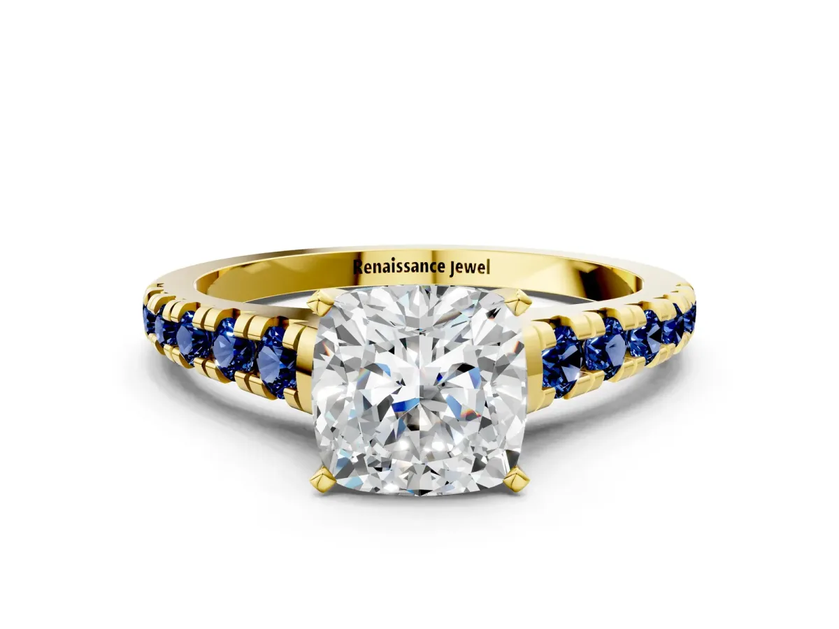 Cushion Cut Diamond Cathedral Solitaire Ring with Round Blue Sapphire Pavé Band Yellow gold