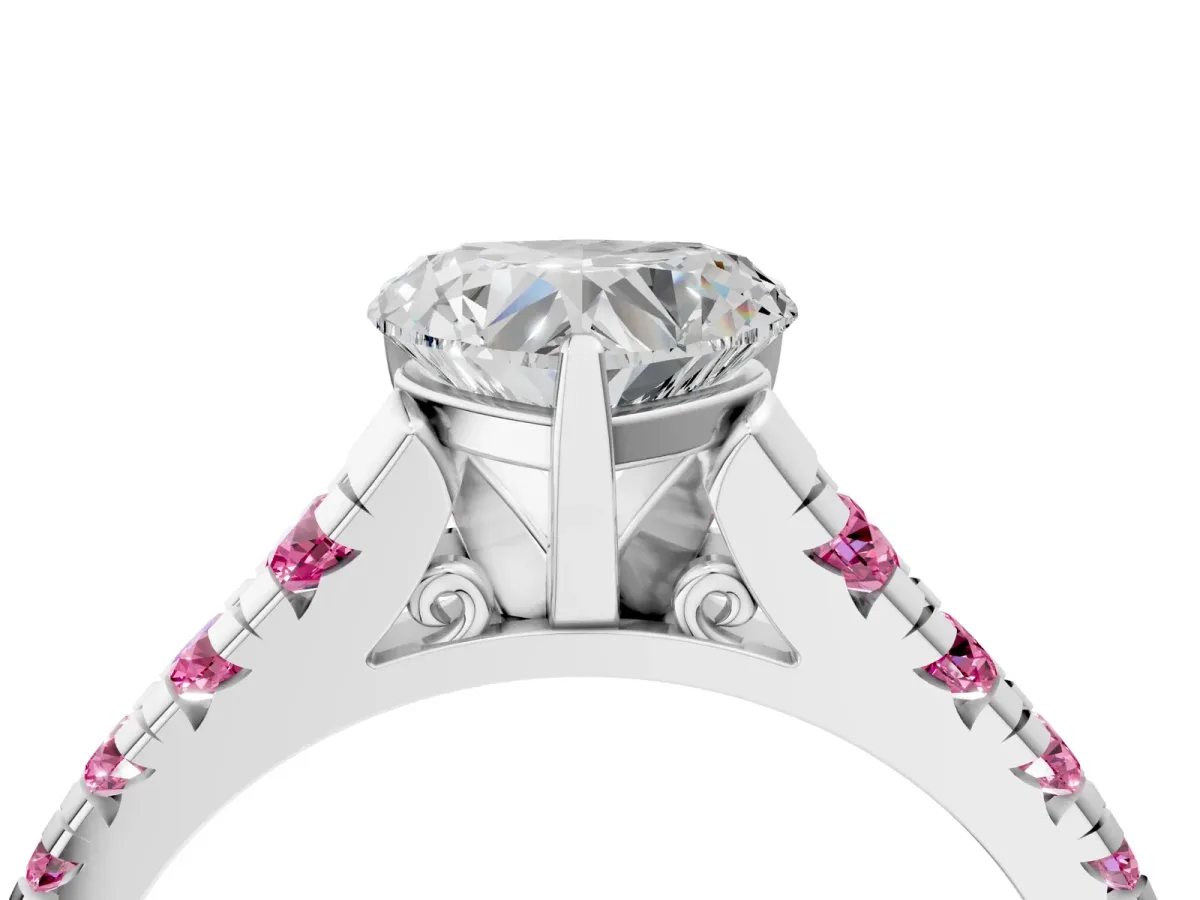 Heart Cut Diamond Cathedral Solitaire Ring with Round Pink Sapphire Pavé Band White gold