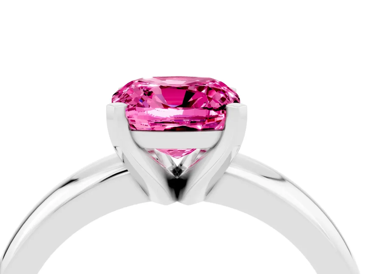 Cushion Cut Pink Sapphire Solitaire Engagement Ring with Round Band and Four-Prong Setting White gold