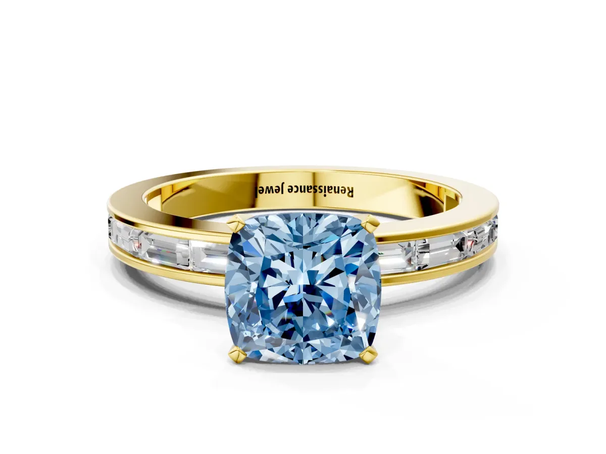 Fancy Blue Cushion Cut Solitaire Diamond Ring with Channel-Set Baguette Band and Four-Prong Setting Yellow gold