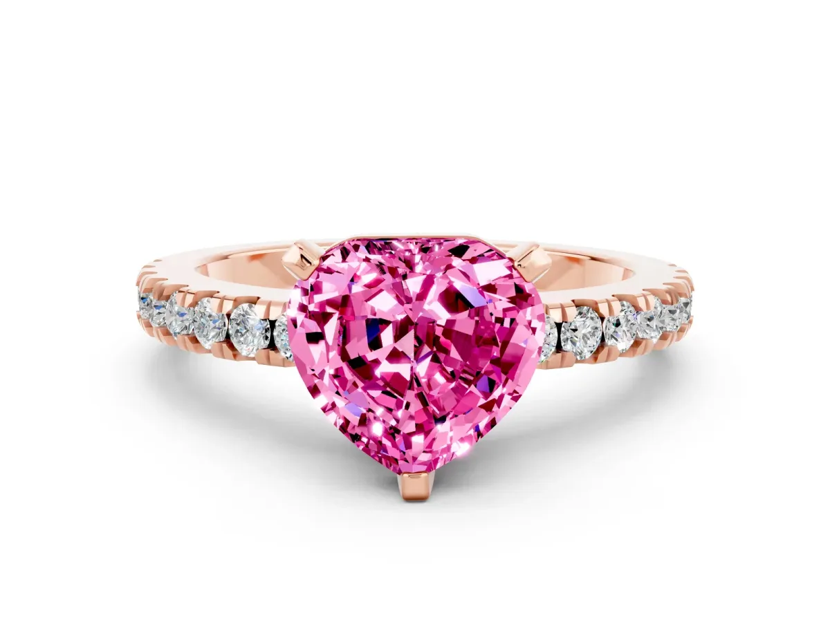 Heart Cut Solitaire Pink Sapphire with Pavé Band and Four-Prong Setting Rose gold